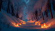 © 3D Demo Stock - Frosted forest path illuminated by lanterns, volumetric rays and cinematic tranquility, emotional winter harmony