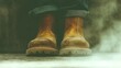 © Marjan - Close-up view of rugged brown work boots standing firmly in a hazy or dusty environment evoking