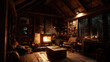 © 3D Demo Stock - Rustic cabin interior glowing with firelight, cinematic warmth and homely serenity