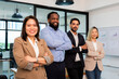 © PINA - portrait of asian people businesswoman in formal suit standing smiling crossed arms, group of multiracial team colleague diverse employee coworker meeting performance planning in finance office