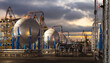 © Grispb - Petrochemical plant operates spherical gas storage tanks and metal pipelines. Industrial facility for processing, storage, and distribution of oil and chemical products.