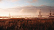 © valeo5 - Historical Seascape of Sailing Ships and Tall-Masted Galleons on a Misty River or Estuary at Sunrise or Sunset, Featuring Warm Golden Light, Ethereal Haze, and a Foreground of Dry Coastal Reeds