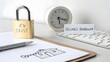 © YLing - A lock and clock with a home sketch in a workspace