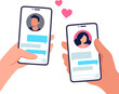 © sudowoodo - Couple in love texting. Male and female hand holding smartphones with text messages chat. Online dating app relationship.
