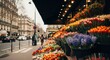 © Mr. Stocker - Colorful flower market display on a city sidewalk. Fresh tulips and hyacinths for sale at a local florist shop. Charming European street scene with urban retail storefront. Spring season concept