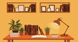 © Nure - Cozy study corner with warm desk lamp illuminating open book, plants, and shelves filled with books and frames