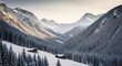 © Osama - Serene winter valley landscape with snow covered mountains evergreen trees and rustic cabins bathed in soft sunlight