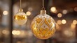 © Oleksandr - Golden glass ornaments hanging in front of bokeh lights creating an elegant atmosphere. The intricate designs catch the light, giving off a warm holiday feeling.