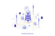 © AKrasov - Conceptual template with cell tower with antenna and city buildings on street. Scene mobile wireless network, wifi technology, public internet access. Isometric vector illustration for website.