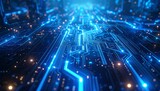青い光が流れるメタリックな回路網が未来的なデータ世界を表現。
光のラインが情報の流れを象徴し、工業的でクールな印象を与える。
背景は暗く、青の輝きが強調されるサイバーテクノロジーの雰囲気。