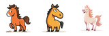 Set of Three playful cartoon horses in various colors. isolated on a transparent background.