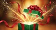 © Елена Тимофеева - A dynamic illustration of a wrapped Christmas gift box with ribbons fluttering and sparkles bursting around it, as if just opened