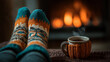 © SHALENA - Winter, christmas winter, snowfall in winter cozy winter evening with feet in warm knitted socks near a fireplace and a steaming cup of tea, creating a sense of comfort and relaxation