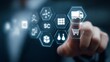 © JUSTJEAN - Smart Supply Chain Management Integrating Digital Commerce Logistics with Businessman Touching Hexagonal Icons for Automated Fleet Tracking and Global Order Fulfillment Solutions