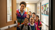© Alina - Teacher welcoming students at door, education and school community in classroom setting