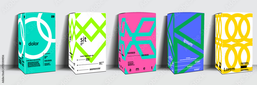 A collection of five modern packaging designs featuring bold geometric ...