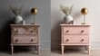 © Kristina - Before and after furniture restoration of pink vintage dresser with gold lamp