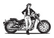 © Graphic Genius - Black and white illustration of a retro-styled female figure in a leather jacket leaning against a classic motorcycle, embodying a vintage biker aesthetic.