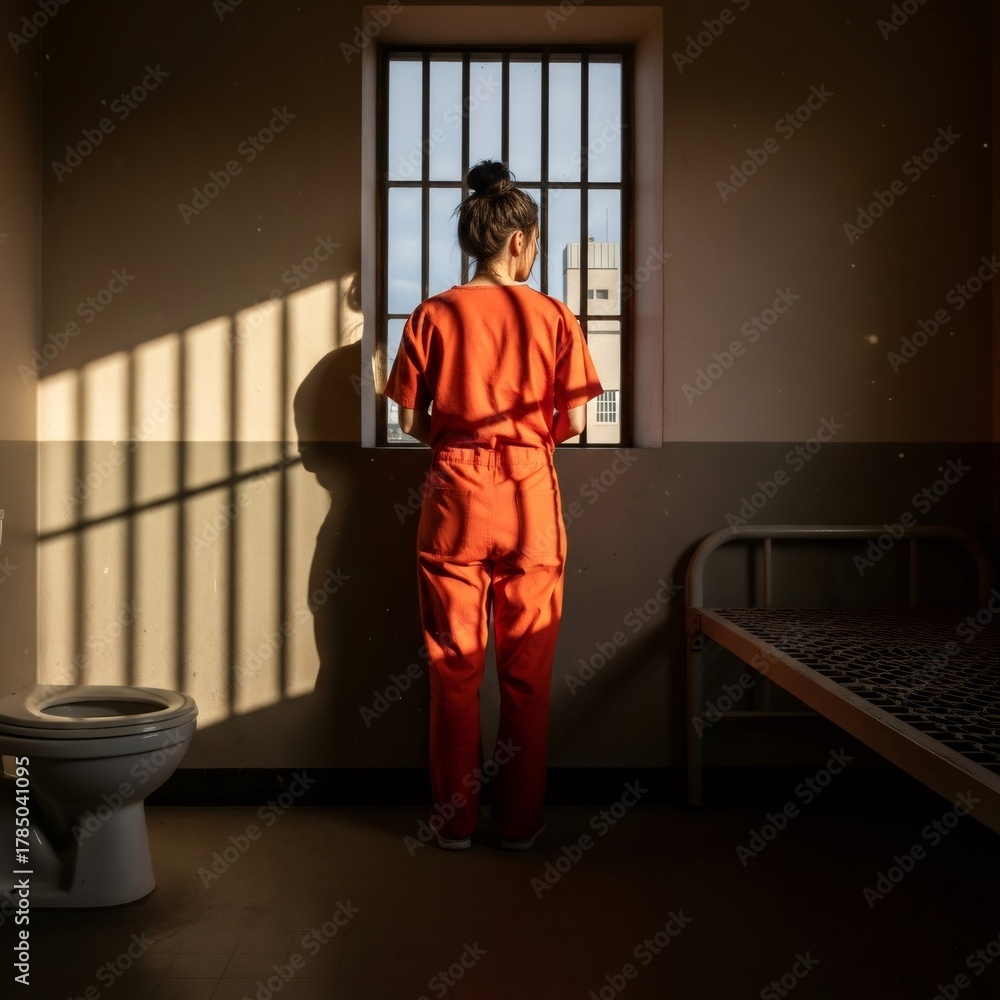 Foto de Stock Woman prisoner in orange jumpsuit contemplating freedom ...