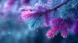 © Garry Sanders - Stunning frosted pine branch glows with vibrant pink and blue light, evoking winter magic and serene natural beauty