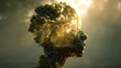 © Supachok - conceptual art of human head silhouette filled with lush green garden inside, warm sunlight filtering through, symbol of inner peace and healing, soft focus, earth tone palette,