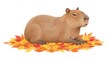 © TiMUCNA - a cute cartoon capybara lying on pile of leaves with relaxed smile in a colorful watercolor style illustration