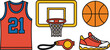 © Heyyy - Basketball gear, jersey, hoop, ball, sneaker, whistle, sports equipment, athletic items, game essentials, cartoon style, colorful illustration, fun design