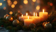 © Khetha - Close-Up of Christmas Candles with Pine Leaves and Golden Ornaments — Soft Romantic Winter Lighting
