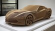 © Formoney - A wooden model of a sports car is showcased on a clean, white display. The intricate design highlights curves and details, captivating viewers at an art exhibit.
