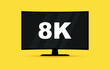 © mi-vector - Flat screen tv with 8k Ultra HD video technology. Digital wide television concept. Led television display with high definition digital tech symbol.  Idea of wide screen computer monitor