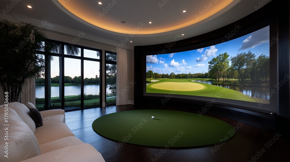 Indoor golf simulator setup in modern lounge with scenic screen view ...