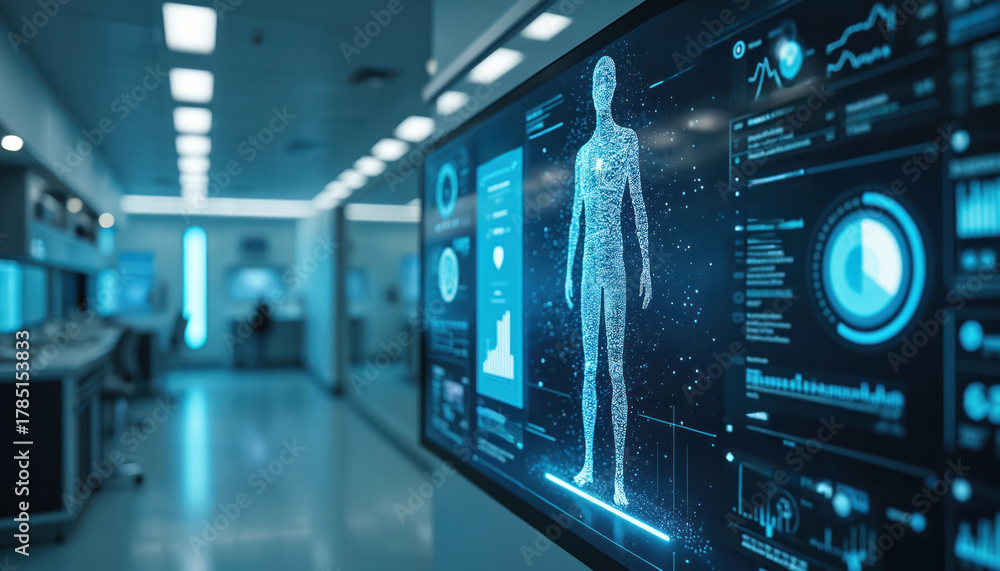Digital human body projection on futuristic screen displays medical ...