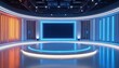 © Vadym - Futuristic studio set with vibrant blue, orange lighting. Circular stage platform dominates space, flanked by illuminated vertical panels. Modern broadcast environment ideal for tech content, gaming