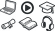 © vadymstock - Flat vector icons representing online education tools including laptop, headphones, graduation cap, and lesson book for digital learning