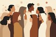 © Vadym - Diverse group of people stand together in minimalist illustration. Men, women with various skin tones, cultures form united modern community. Beige, brown colors highlight human diversity, inclusion.