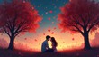 © Vadym - Young couple sits closely on green grass field under two red leaf trees. Hearts fall from starry evening sky at romantic sunset. Lovers gaze at with deep affection. Dreamy art shows true love story