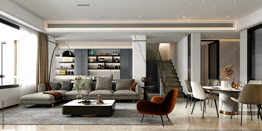 3d render of modern luxury home interior living and dining room Stock ...