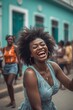 © Imagine  - Joyful young woman laughing in a vibrant urban street, surrounded by colorful buildings and people, radiating happiness, freedom, and youthful energy on a sunny day in the city.