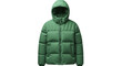 © scrdy - Full view of a modern green puffer jacket with a hood, isolated on a transparent background, PNG image, warm winter outerwear clothing item, zipped coat