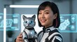 © JetHuynh - A hyper-realistic portrait of an Asian robotic pet designer holding a futuristic robotic cat. Friendly tone, bright ambient light