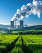 © Studio - Nuclear plant with steam over green fields and blue sky