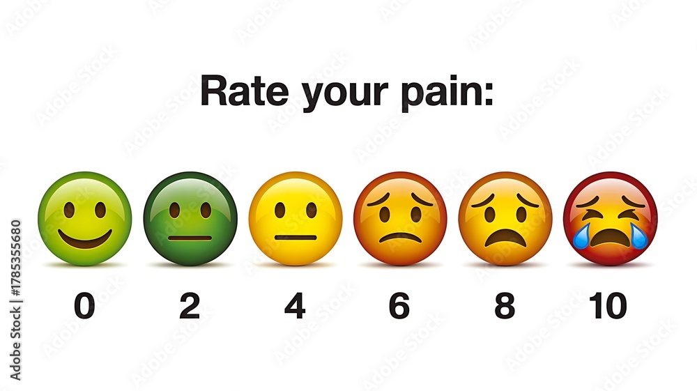 Ilustracja bez tantiem: Pain scale chart with colorful emoji faces ...