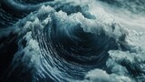 A dramatic close-up of a massive and turbulent ocean wave, showcasing the immense power and untamed force of nature as the dark water churns with foam