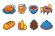 © Roberto - Festive Feast Icons. Yuletide Feast modern flat icon set: roasted turkey, hot cider, cranberry sauce, decorated table, bread loaf, candle set, pinecone decor, serving tray.