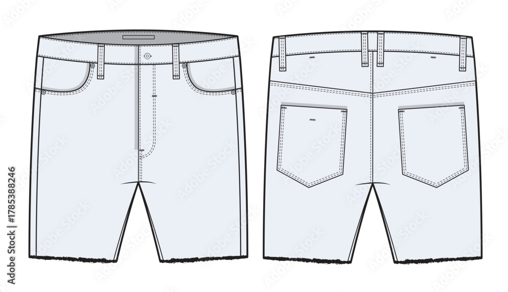 Men short jeans pant design technical flat sketch vector mockup ...