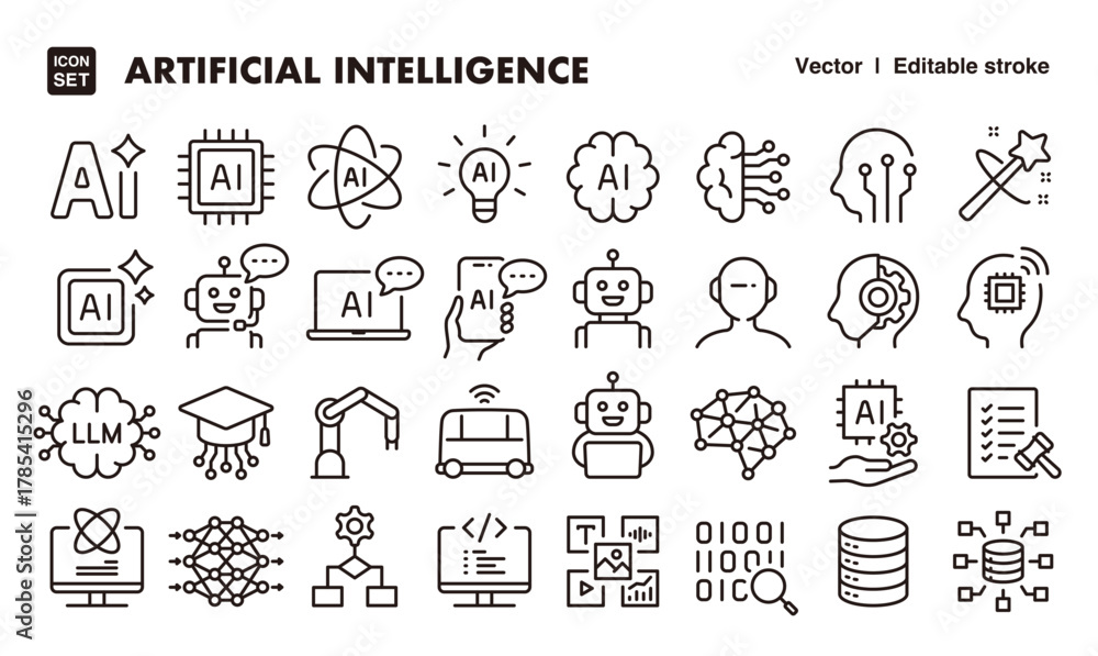 Artificial intelligence line icon set. Vector editable stroke icon ...