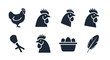 © gudangPIXEL - A collection of stylized chicken-related icons, featuring a full hen, head profiles, a drumstick, eggs in a basket, and a feather, all depicted in a simplified, graphic style