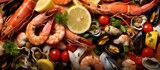 seafood, crustaceans, shrimp, lobster, crab, mussels, clams, squid, octopus, lemon slices, herbs, vegetables, tomatoes, peppers, spices, rustic background, natural lighting, food photography, culinary
