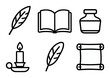 © Igor - Vintage writing tools: quill, ink, book, candle, scroll icons on brown background