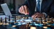 © Tonton1541 - financial  freedom  independence  strategy  businessman concept. Businessman strategizing over a futuristic chessboard.
